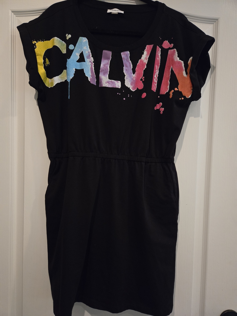 Calvin Klein Black Dress with Multicolor Watercolor CALVIN Logo